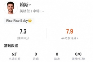 2026世界杯买球官网-赖斯本场1射进1球+1关键传球 5对抗2成功 4传中1成功 获评7.9分